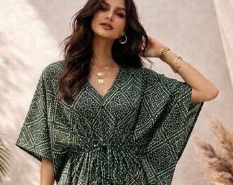 100% Cotton Kaftan, Indian Print Maxi Dress, Beach Cover-Up, Lounge Wear