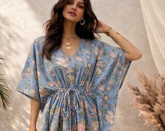 Handcrafted Cotton Kaftan Maxi Dress, Floral Print Resort Beach Cover-Up