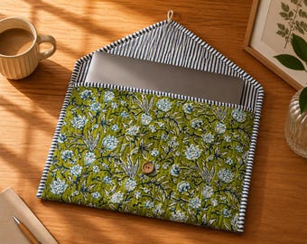 Green Floral Quilted Laptop Sleeve | Handmade Cotton Bag with Sequin Work