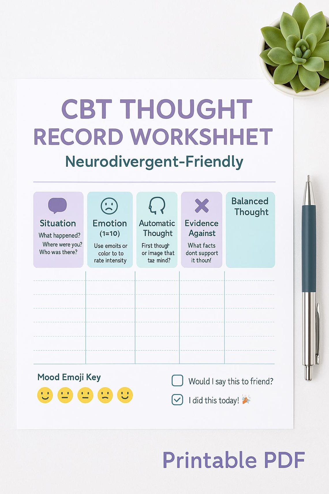 Neurodivergent Friendly CBT Thought Record Worksheet Printable Mental ...