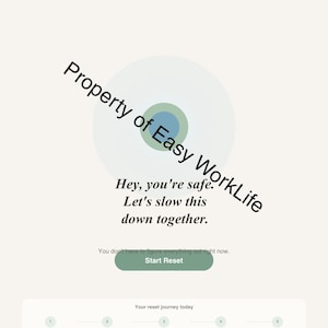 Puede incluir: Interfaz digital con una paleta de colores suaves. El texto dice: «Hey, you're safe. Let's slow this down together.» y «Start Reset». La página incluye un gráfico circular y una barra de progreso con pasos numerados.