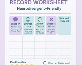 Neurodivergent Friendly CBT Thought Record Worksheet Printable Mental Health Tool PDF A4