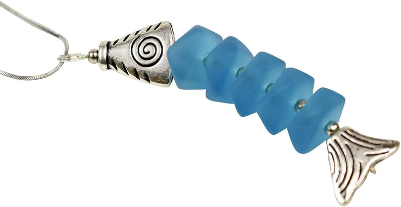 Snazzy /& co Coastlines Aqua Glass Fish Bones Necklace