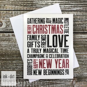 Navidad Año Nuevo Amor y Alegría Tarjeta de Navidad Tipografía