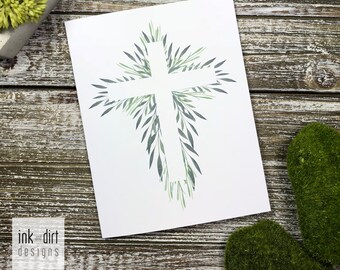 Cross Greenery Card Faith Spiritual Baptism Christening Communion Confirmation Wedding Sympathy