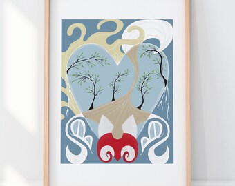 Fox in the Woods Art Print - Heart Trees Nature Sun Butterfly Contemporary Abstract Art Print