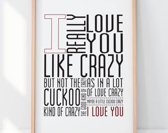 Love You Like Crazy Print Typography 8x10 Valentine Red Black White