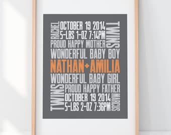 Twins 8x10 Typography Print Letterpress Style Custom Birth Announcement Modern Word Art Subway Art