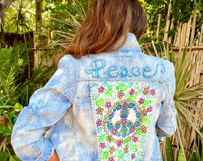 Peace Sign Jean Shirt Button Down With Patches, Boho Hippie Festival ...