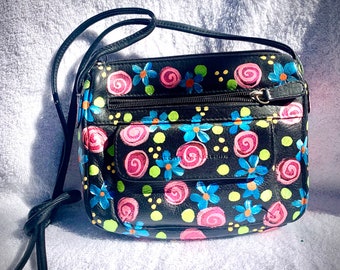 Hippie,Boho,flower Power small Crossbody bag, upcycled hand painted leather Stone Mountain brand shoulder bag