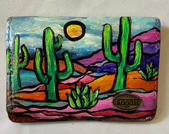 Portefeuille vintage en cuir fossile Cactus du désert peint à la main Petit porte-cartes de crédit ou de visite en cuir marron
