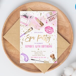 Editable Glitz and Glam Party Gold Spa Party Invitation Birthday Party Invitation CANVA EDITABLE Instant download, Makeup Invitation