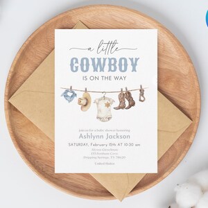 Bearbeitbar Eine kleine Cowboy-Babyparty-Einladung, Wild West-Babyparty-Einladung, Brown Cowboy-Babyparty-Einladung, Rodeo Baby