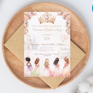 Convite editável para o 4º aniversário da Four Ever a Princess, convite floral para o aniversário da princesa, aniversário do castelo mágico da princesa real, cartão eletrônico da princesa