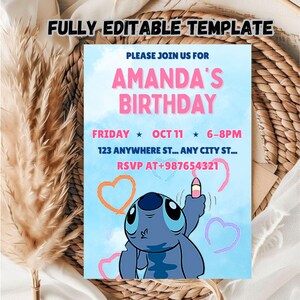 Kids Favorite Stitch Birthday Invitation Template / Editable Kids Birthday Invitation Template / Editable Stitch Birthday Invitation