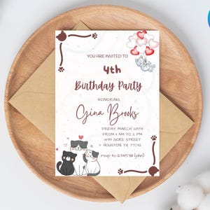Cat Birthday Invitation, Printable Kitten Invite, Digital invitation, Pet invitations, Editable Kids Template card, Instant Download