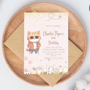Cat Birthday Invitation, Printable Kitten Invite, Digital invitation, Pet invitations, Editable Kids Template card, Instant Download