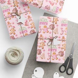 Personalized Gingerbread Man Christmas Wrapping Paper, Kids Gift Wrap, Gift for Girl image 2