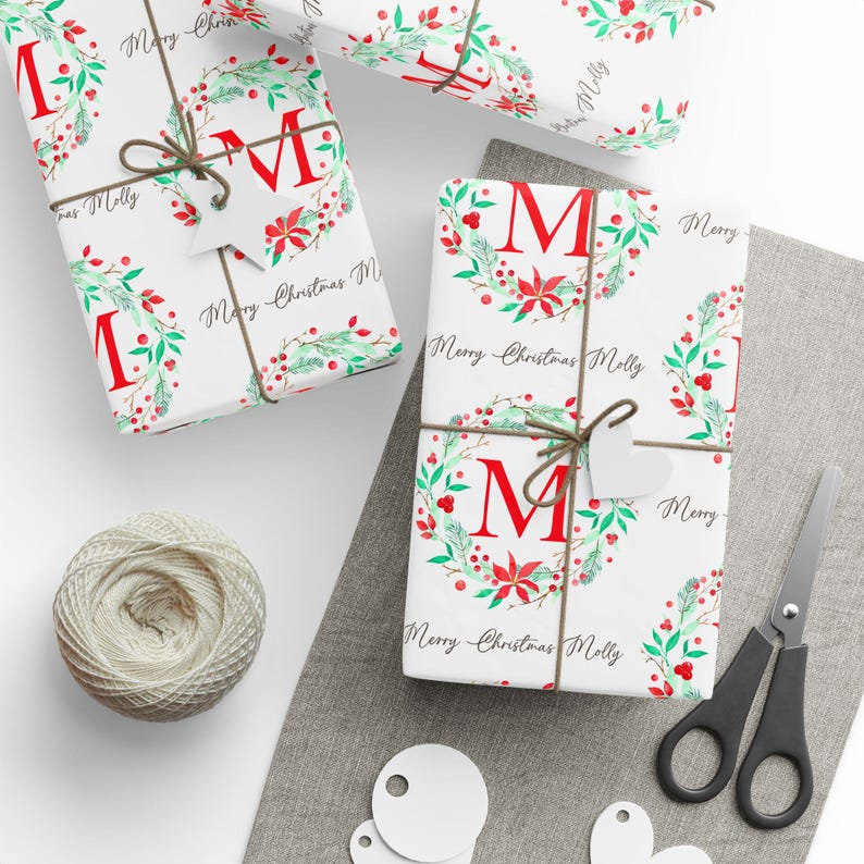 Personalized Christmas Wrapping Paper, Custom Initial and Name Gift Wrap image 2
