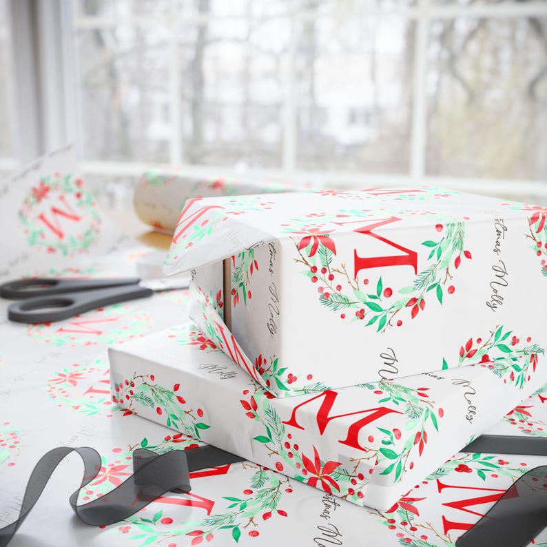 Personalized Christmas Wrapping Paper, Custom Initial and Name Gift Wrap image 4