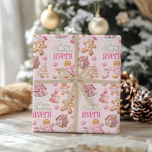 Personalized Gingerbread Man Christmas Wrapping Paper, Holiday Wrapping Paper, Gingerbread Gift, Pink Wrapping Paper, custom wrapping paper, Girl Wrapping paper, Christmas Gift Wrap