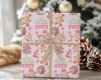 ジンジャーブレッドマンのクリスマスラッピングペーパー、子供用ギフトラップ、女の子へのギフト
