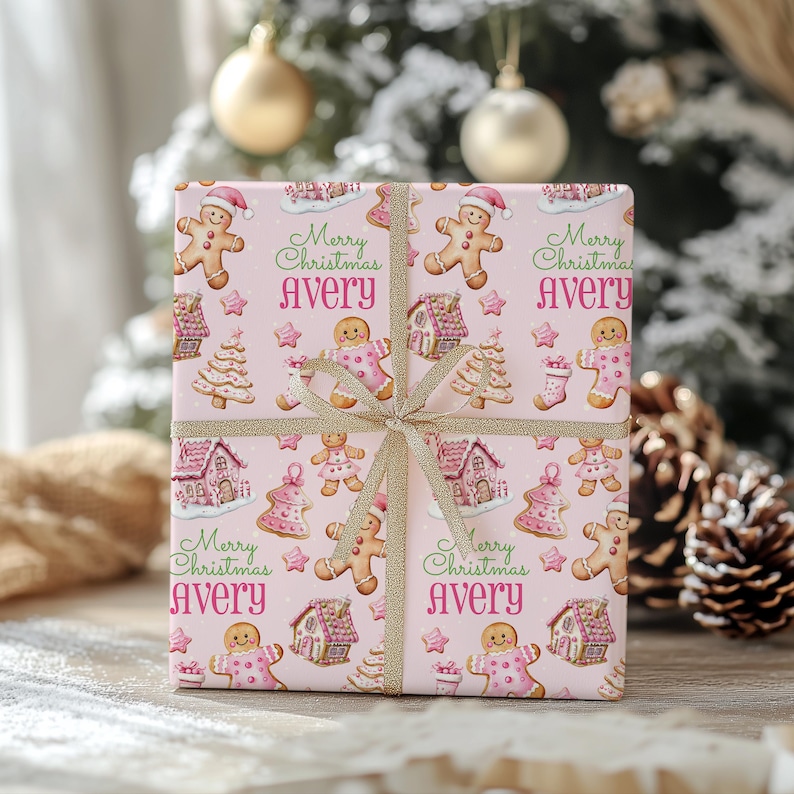 Personalized Gingerbread Man Christmas Wrapping Paper, Holiday Wrapping Paper, Gingerbread Gift, Pink Wrapping Paper, custom wrapping paper, Girl Wrapping paper, Christmas Gift Wrap