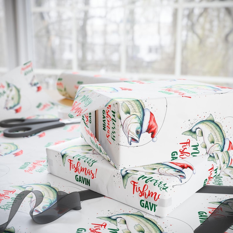 Personalized Fishing Christmas Wrapping Paper, Bass Gift Wrap, Fisherman Gift image 4