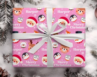 Personalized Winter Santa Pink Wrapping Paper, Kids Christmas Gift Wrap, Custom Name Gift
