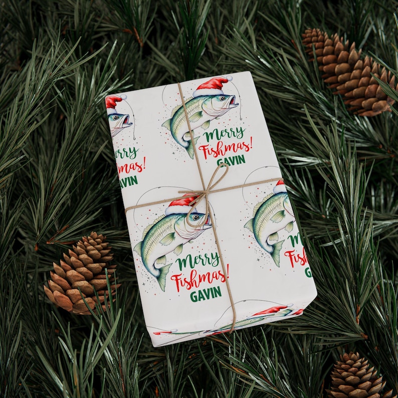 Personalized Fishing Christmas Wrapping Paper, Bass Gift Wrap, Fisherman Gift image 3