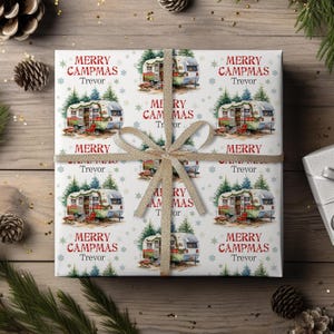 Christmas Camper Wrapping Paper, Camping Holiday Wrapping Paper, Personalized Christmas Gift Wrap, Name Gift Wrap, Camper Gift