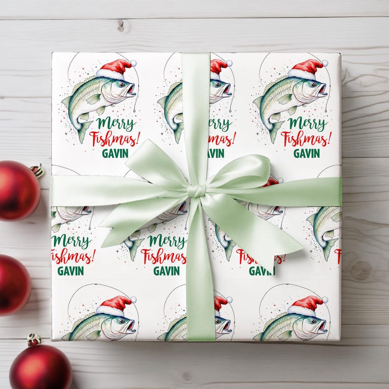 Personalized Christmas Wrapping Paper, Fishing Holiday Wrapping Paper, Custom Christmas Gift Wrap, Name Gift Wrap, Fisherman Gift, Fish