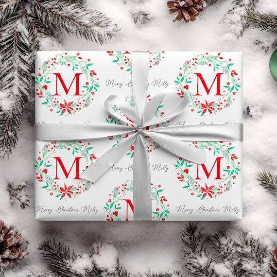 Personalized Christmas Wrapping Paper, Custom Initial and Name Gift Wrap