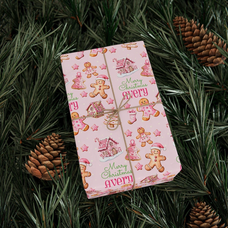 Personalized Gingerbread Man Christmas Wrapping Paper, Kids Gift Wrap, Gift for Girl image 3