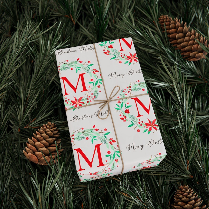 Personalized Christmas Wrapping Paper, Custom Initial and Name Gift Wrap image 3