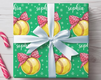 Personalized Softball Christmas Gift Wrap, Holiday Wrapping Paper, Softball Player Gift