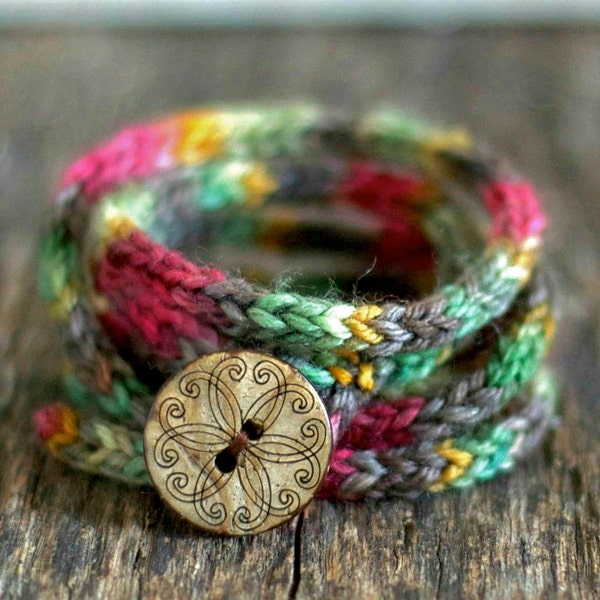 Custom order for Leila - Women's Wrap Bracelet - Rustic I Cord with Wooden Button - Hand Dyed Merino Wool Yarn