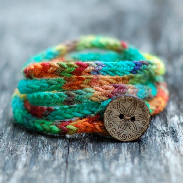 Rustic I Cord Wrap Bracelet - Button Closure - Hand Dyed Wool Yarn