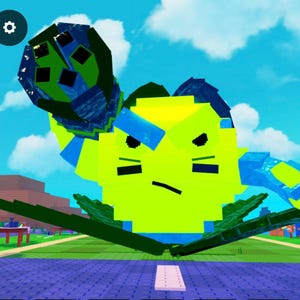 Könnte beinhalten: Ein pixeliger Charakter in Grün, Blau und Gelb, vor einem blauen Himmel mit Wolken. Der Charakter hat einen wütenden Gesichtsausdruck und befindet sich in einer dynamischen Pose. Die Szene ist eine farbenfrohe, blockartige Landschaft.