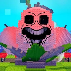 May include: A large, pixelated pink figure with a menacing grin and black eyes, constructed from blocks. It holds green and gray structures, set against a blue sky and a green and blue landscape with red carts.