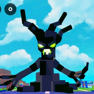 May include: A digital illustration of a dark, blocky tree-like figure with glowing green eyes and a menacing expression. The figure has outstretched arms and is set against a bright blue sky with fluffy white clouds. The scene has a cartoonish, video game aesthetic.