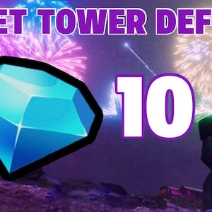 May include: A digital graphic for Toilet Tower Defense featuring a large, faceted blue diamond icon, the text TOILET TOWER DEFENSE, and 10 M in bold white letters with purple outlines. The background displays colorful fireworks in a night sky.