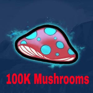May include: A stylized mushroom illustration with a red cap and blue spots, outlined in black. The text "100K Mushrooms" is displayed in red at the bottom, set against a dark blue background with a hint of a mountain range.