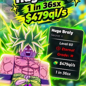 Può includere: Un'illustrazione digitale di un personaggio muscoloso e squadrato con capelli verdi a punta, pantaloni viola e una fascia verde, circondato da un'aura verde brillante. Il testo recita Rainbow Huge Broly, 1 in 36sx, $479qi/s, Huge Broly, Secret II, Level 60, Eternal, Grade: 神.