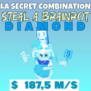 Op de afbeelding: Een digitale kunstafbeelding met de tekst "LA SECRET COMBINATION STEAL A BRAINROT DIAMOND". Een gepixeleerd blauw personage houdt een bord met het nummer 9 vast. De afbeelding heeft een lichtblauwe achtergrond.