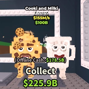 Könnte beinhalten: Digitale Illustration eines Keks- und Milchcharakters. Der Keks ist braun mit Schokoladenstückchen und einem Schnurrbart. Der Milchcharakter ist weiß. Der Text enthält "Cooki and Milki", "Collect" und Währungsbeträge.