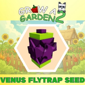 Peut inclure: Un graphique numérique pour Grow A Garden 2 représentant une graine de dionée attrape-mouche stylisée. La graine est un objet cubique violet et vert lime centré dans un hexagone blanc. Le texte indique Grow A Garden 2 et Venus Flytrap Seed.