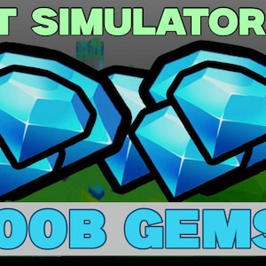 May include: A digital graphic for Pet Simulator 99 featuring a cluster of bright blue, faceted diamond-shaped gems. The text PET SIMULATOR 99 appears at the top in light green, while the text 100B GEMS is displayed in light blue on a gray banner.