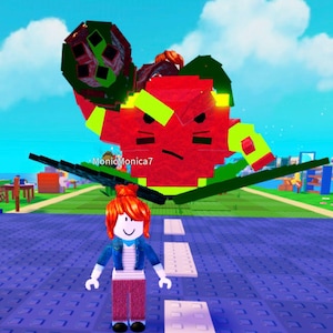 May include: A Roblox avatar stands on a blue surface, facing a large, red, pixelated figure with green and yellow accents. The figure appears to be attacking. The background features a blue sky, green grass, and a beach scene.