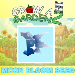 May include: A digital graphic featuring the text GROW A GARDEN 2 at the top and MOON BLOOM SEED at the bottom. In the center, a pixelated blue and white crystalline object with a four-pointed star icon is displayed against a light blue background.
